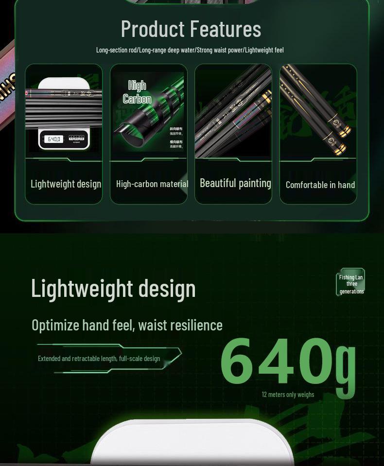 Canna da pesca di terza generazione ultraleggera e ultraresistente per casting, pesca tradizionale, buchi nell'erba, torrenti, laghi e bacini artificiali