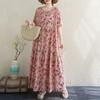 The Real Shot Is Summer Thin Cotton and Linen Fat Mm Round Neck Short-sleeved Vacation Style Loose and Thin Cake Skirt Big Swing A-shaped Skirt