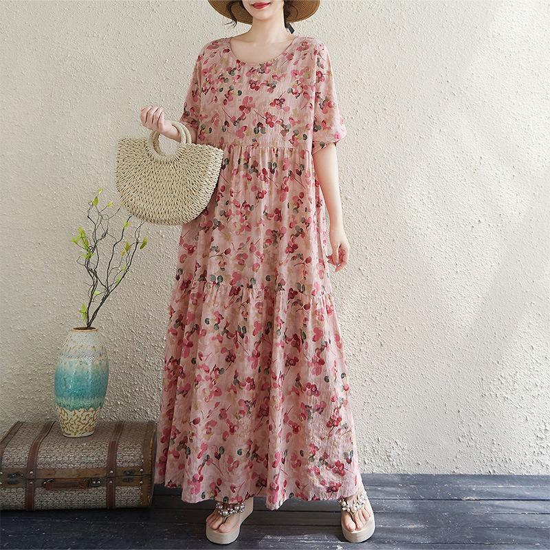 The Real Shot Is Summer Thin Cotton and Linen Fat Mm Round Neck Short-sleeved Vacation Style Loose and Thin Cake Skirt Big Swing A-shaped Skirt
