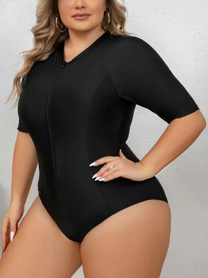 2025 Solide Plus Size Bademode Frauen Kurzarm Große Einteilige Badeanzug Dame Brasilianische Große Bademode Kurvige Chubby Badeanzug