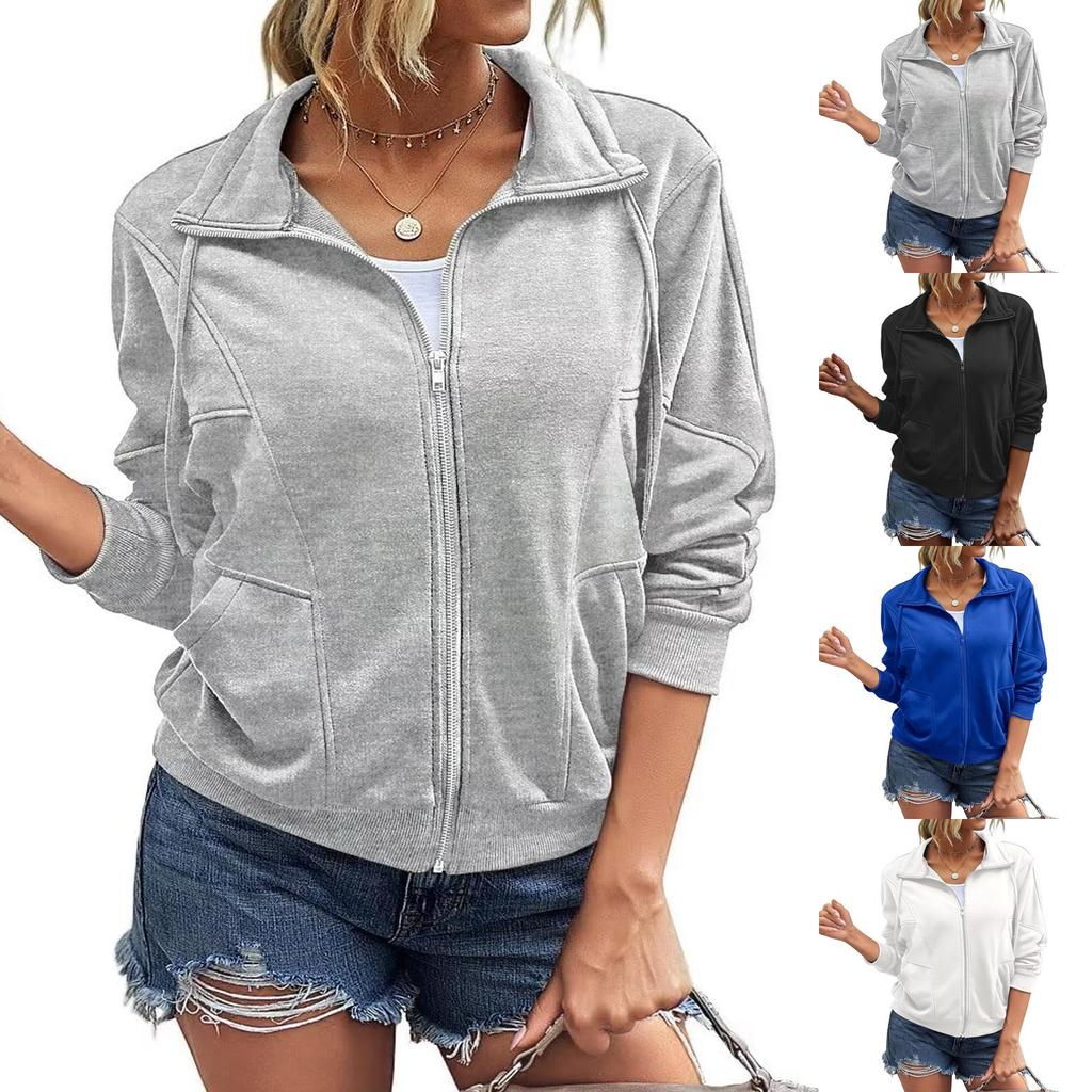 Women's Long Sleeve Full Zip Hoodie with Stand Collar and Pockets Casual Wear