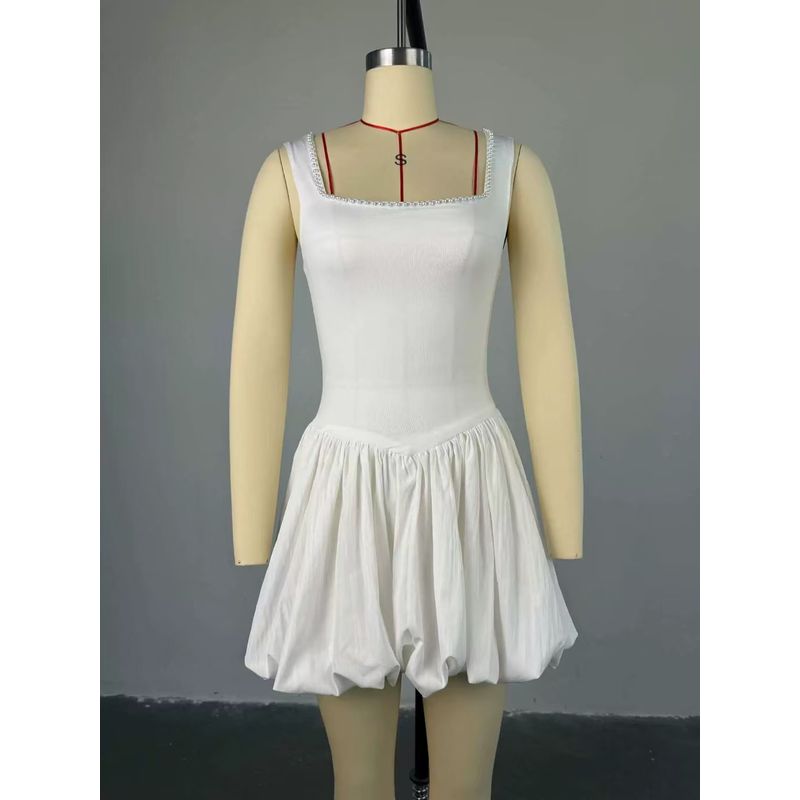 

Fashion Style New Arrival Sweet Beaded Square Collar High Waist Dress Nail Bead Square Neck Dress White S