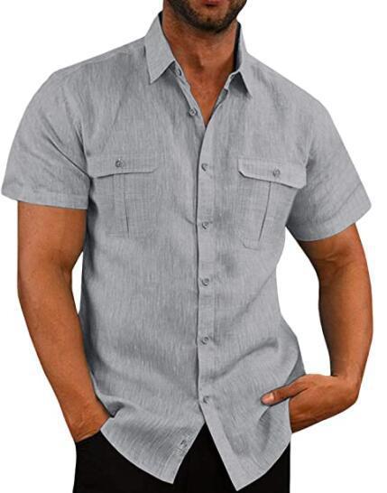 New, summer simple shirt men's solid color collage hemp cardigan short-sleeved loose lapel men's shirt color