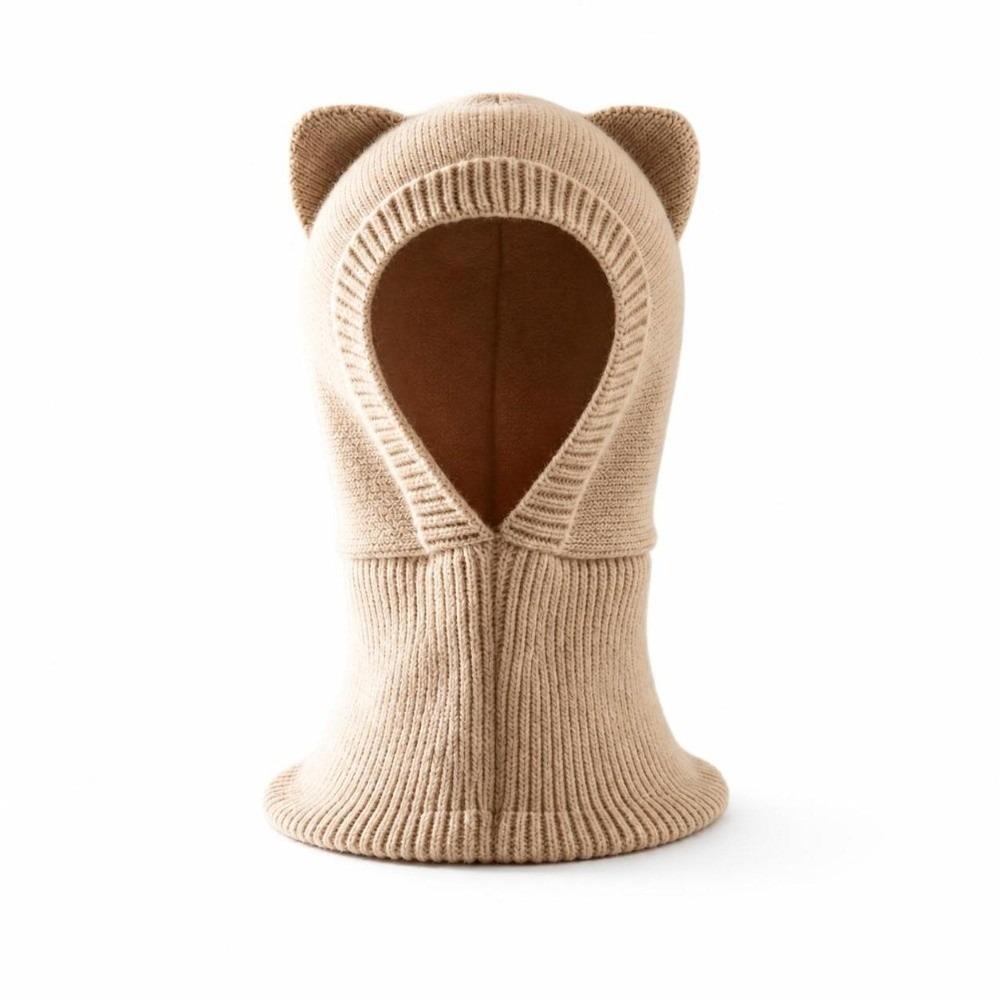 Woolen Knit Winter Balaclava Hat Solid Color Hooded Beanie  for 2-6 Y Boys and Girls