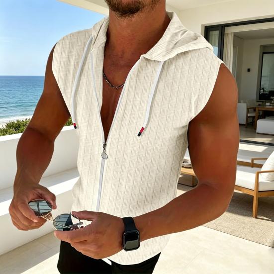 Men Hooded Zip-up T-Shirt Jacquard Sleeveless Hoodie Tee Stylish Textured Summer Tank Top for Gym Street Party Holiday