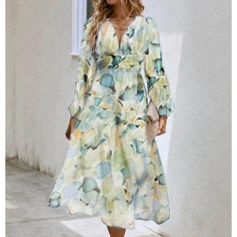 

Printed Dress Fashion New Arrival Spring & Fall Women s Clothing Deep V Print Bohemia Wind Casual Long Sleeves Dress 16 XL