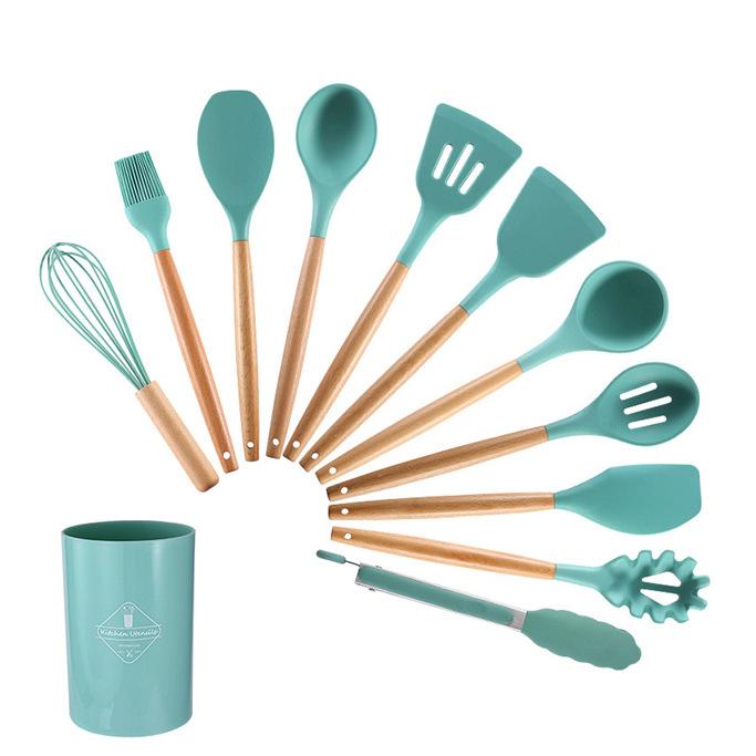 Silicone wooden handle kitchenware set 12-piece set High temperature resistant non-stick pan Scoop clip Kitchenware bucket Baking utensils