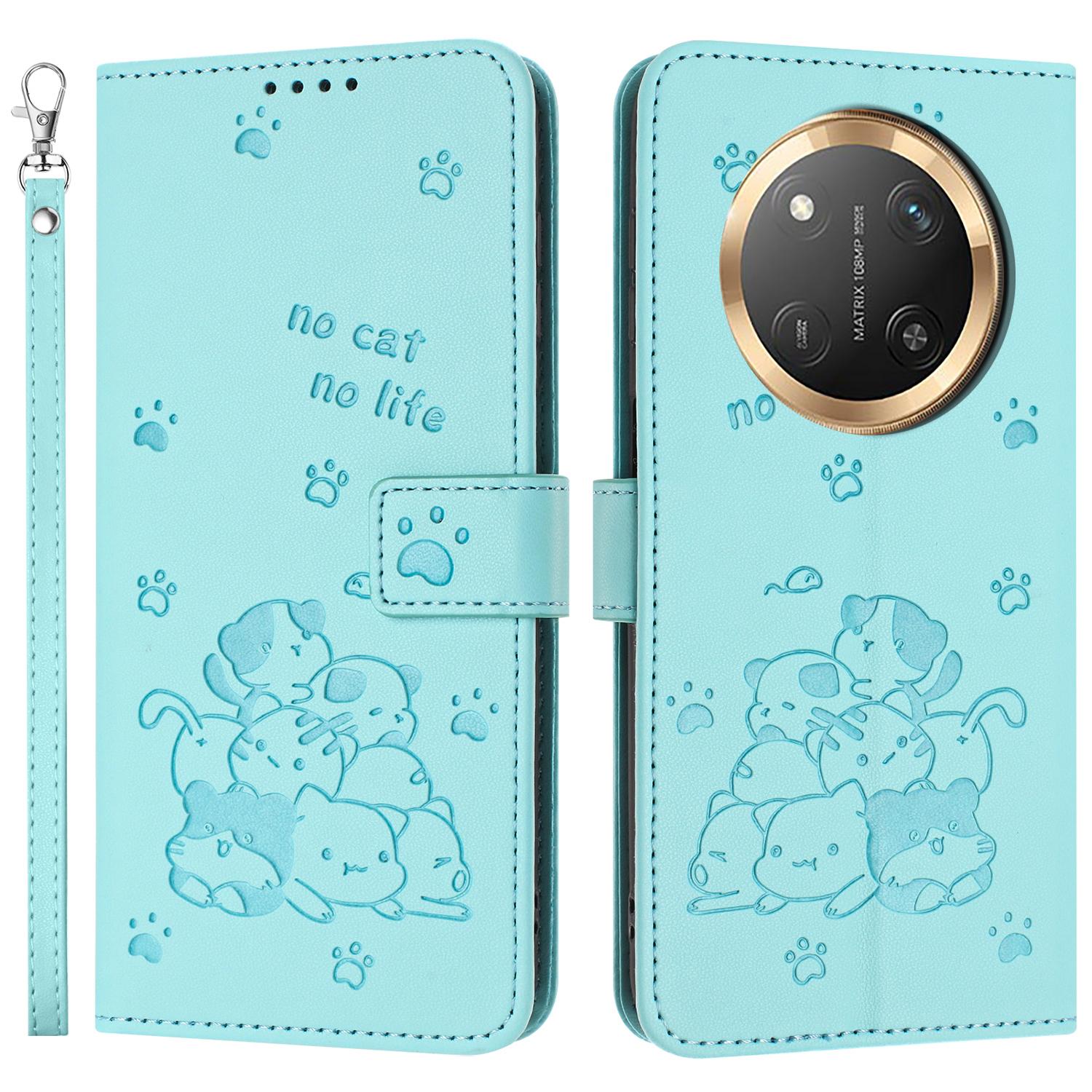 

For Honor Magic7 Lite 5G/X9c 5G/X60 Pro 5G Case with Strap Cats Imprint Leather Wallet Phone Cover Green