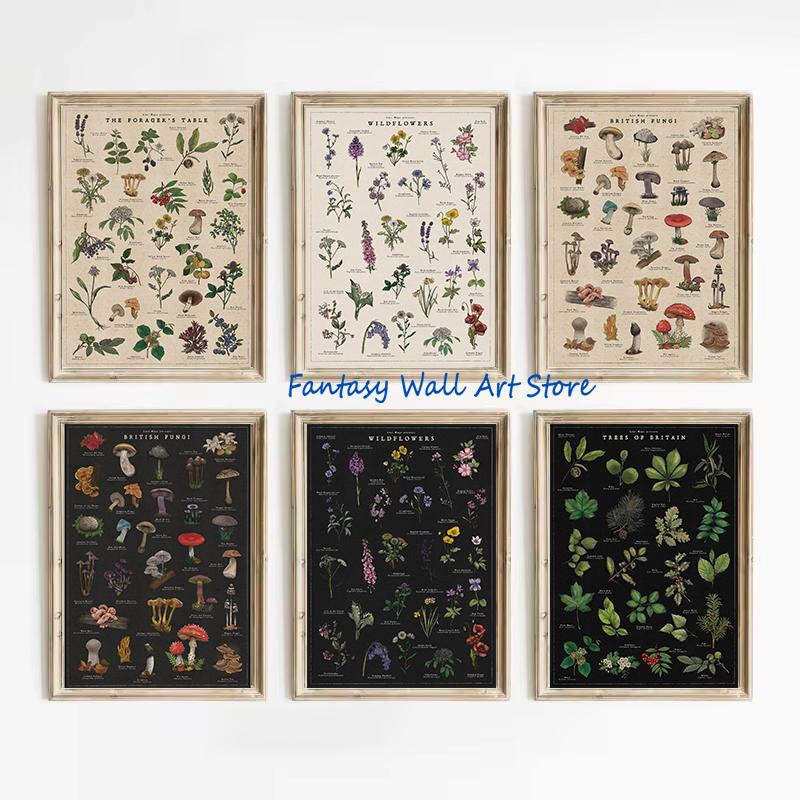 Retro Botanical Artworks British Trees Foraging Wild Food Mushrooms Wildflowers Poster Canvas Painting Wall Pictures Home Decor