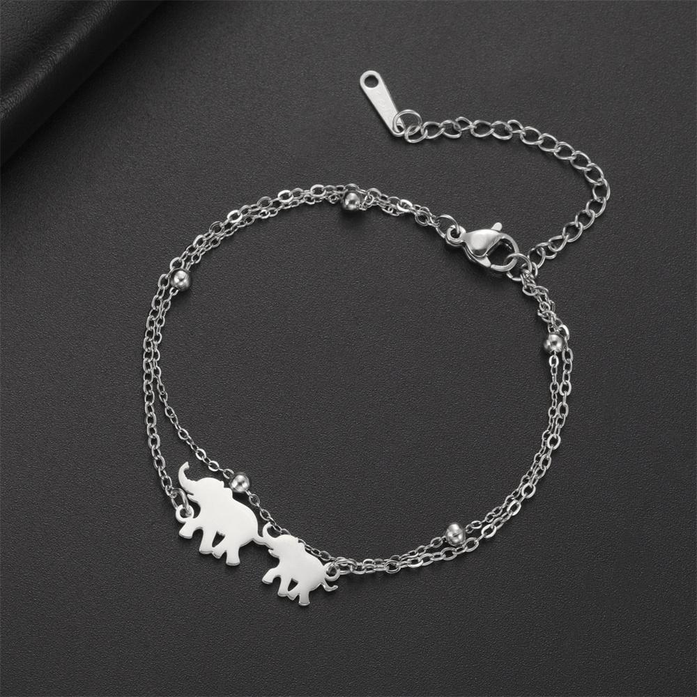 

My Shape Elephant Bracelet Animal Charm Bracelet Stainless Steel Bangle 2 Layers Lovely Female Bracelets Jewelry Girls Gifts As Pictures&17cm