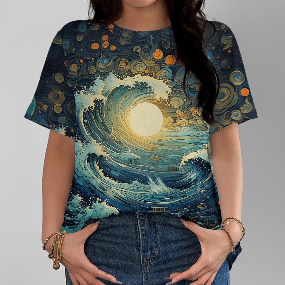 

Модная женская летняя футболка с коротким рукавом в повседневном стиле с принтом волны и луны в океанском стиле S