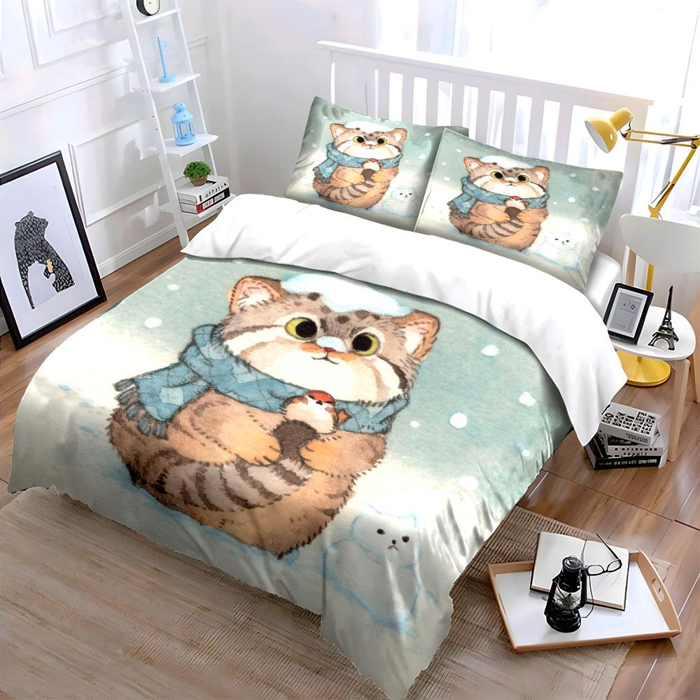 Cute Winter Cat Decoration Set Soft Comfortable Duvet Cover Bedding Set Included 1*Duvet Cover & 2*Pillowcases, Gift