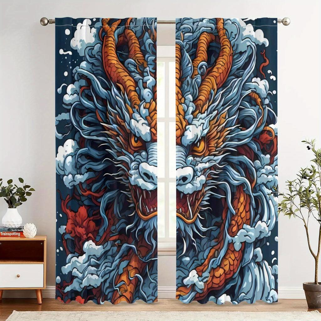 Dragon Curtains - Retro Asian-Inspired Blackout Curtains with Vibrant Dragon & Cloud Design    Polyester Machine Wash