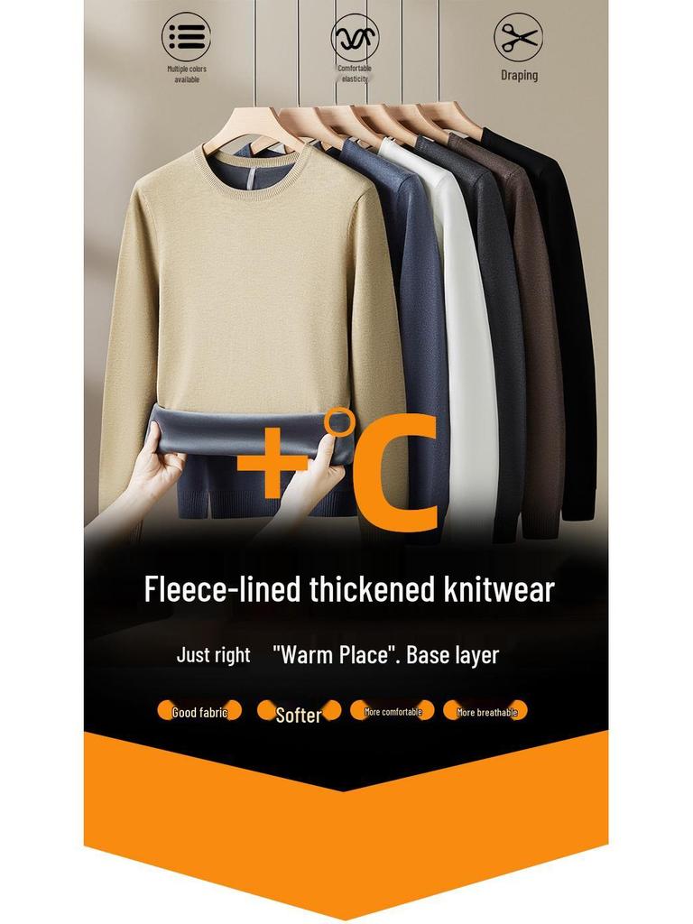 Men’s Winter One-Piece Velvet Sweater: Round-Neck, Thickened Base Layer, Warm Solid Color Knitwear