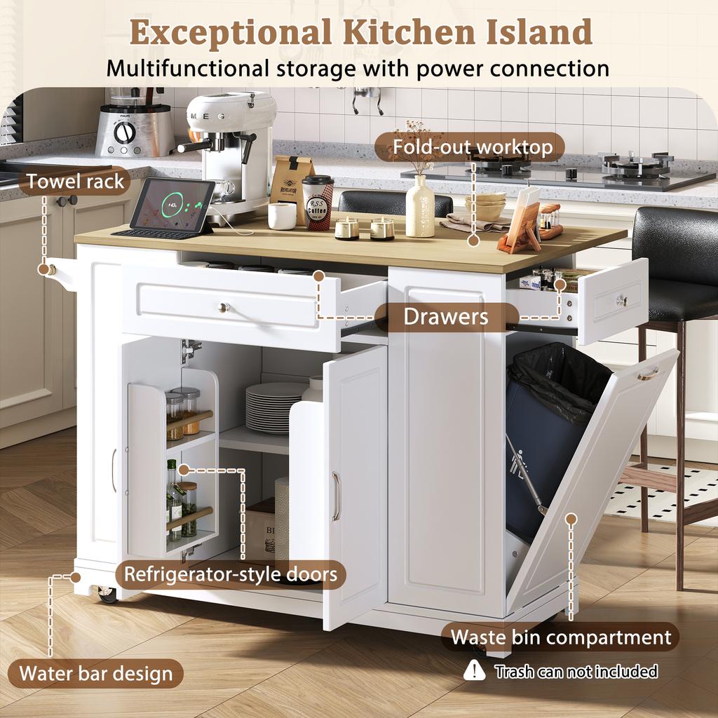 Kitchen island with casters, extendable dining area with multifunctional drawers and waste bin compartment, ideal for kitchen and dining room (white)