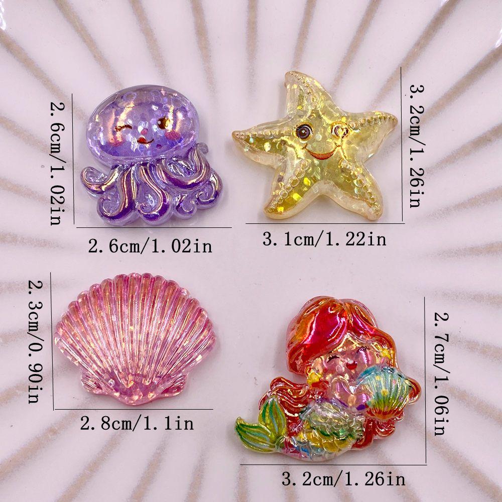 8PCS Resin Glitter Colorful Sea Star Shell Mermaid Jellyfish Figurine Flatback Rhinestone Cartoon Scrapbook DIY Craft Supplies