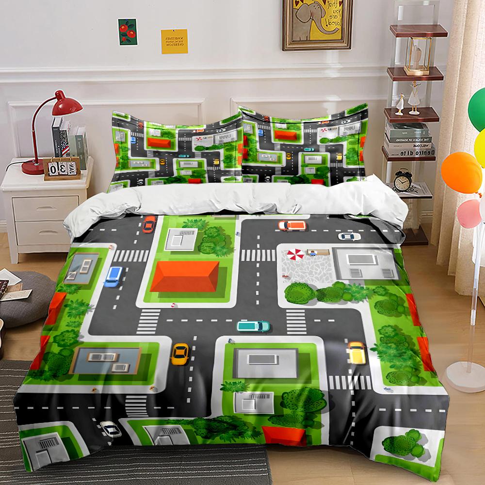 Cartoon City Road House Patterns Bedding Set For Kids Luxury Gift 3Pcs Digital Print Comforter Set Soft Comfortable Breathable