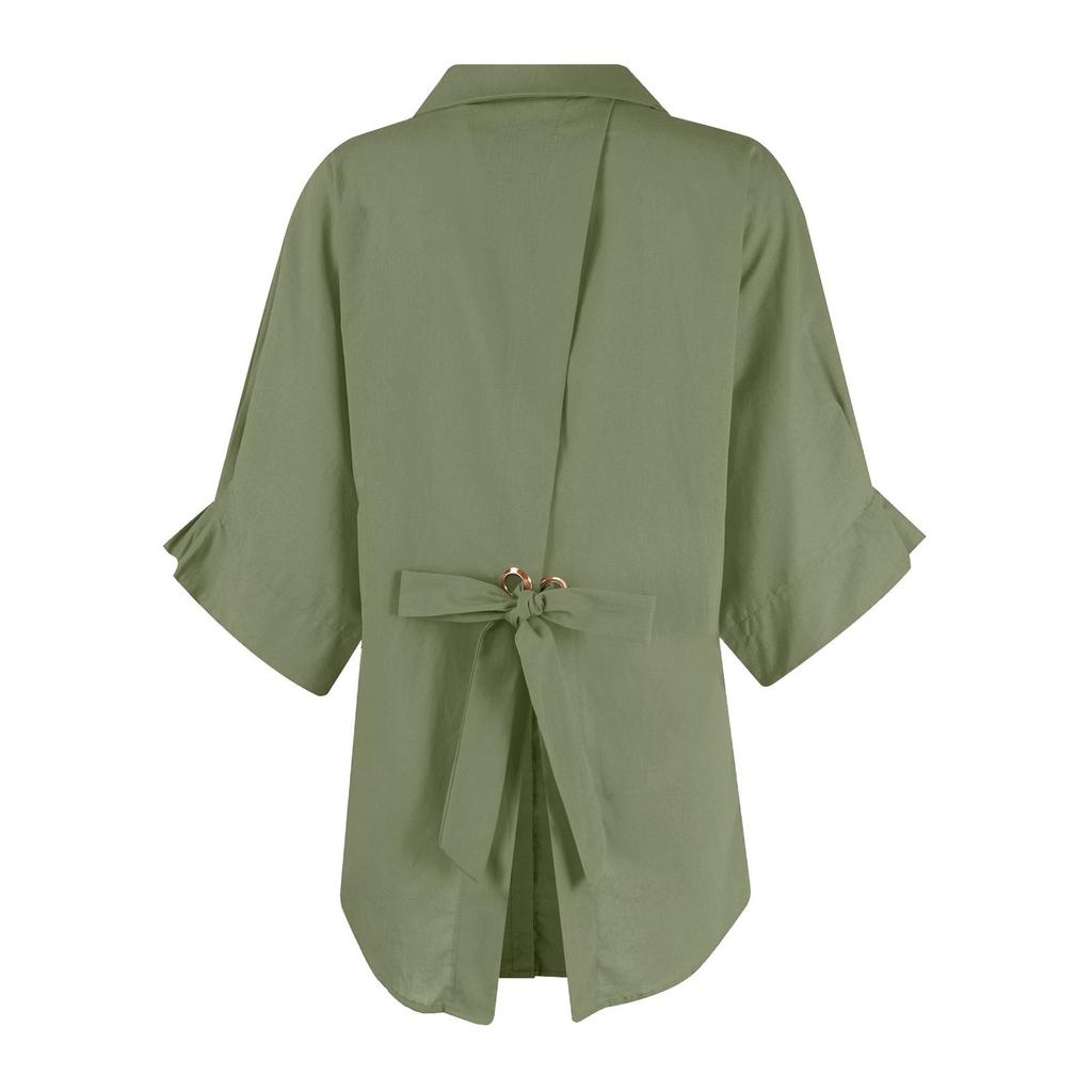 Damenmode Farbe 3/4 Ärmel Lässig Revers Spitze Rückseite Hemd Top
