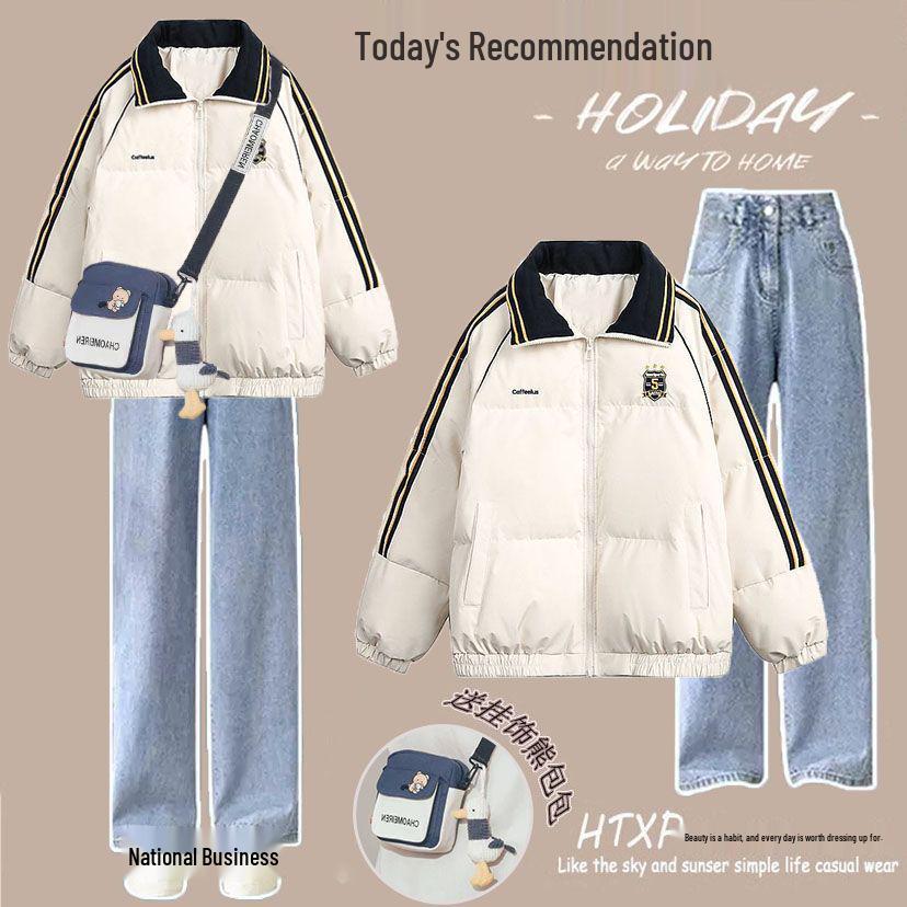 Colorblock Winterset: Lässiger Baumwollmantel im koreanischen Stil & Jeans mit Kordelzug für Studentinnen