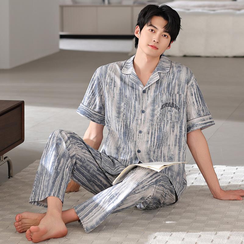 Pajamas Men's Summer Cotton Short Sleeve Trousers Men's Thin Summer Large Size Half Sleeve Men's Summer Loungewear Set