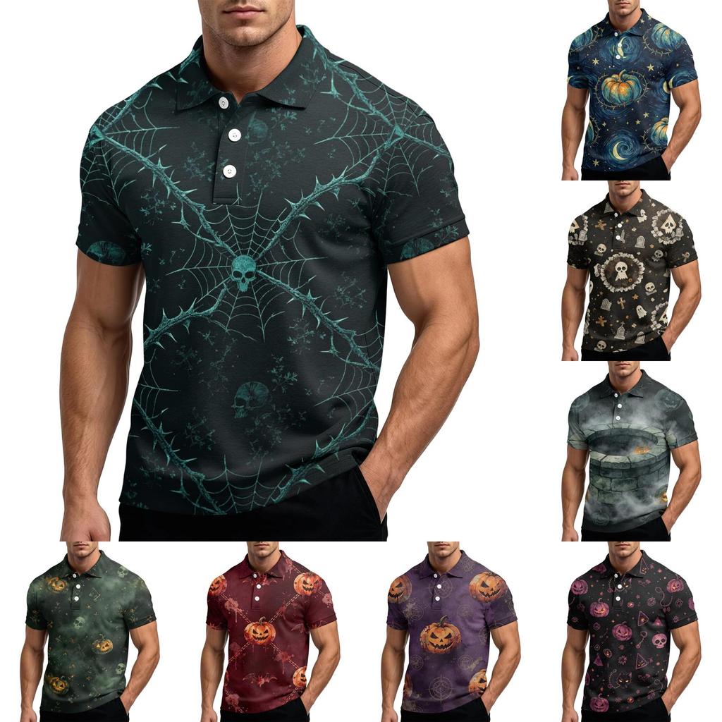Men's Halloween Print Short Sleeve Polo Shirt Loose Fit Casual Summer Everyday Top with Button Placket and Classic Collar for Daily Wear