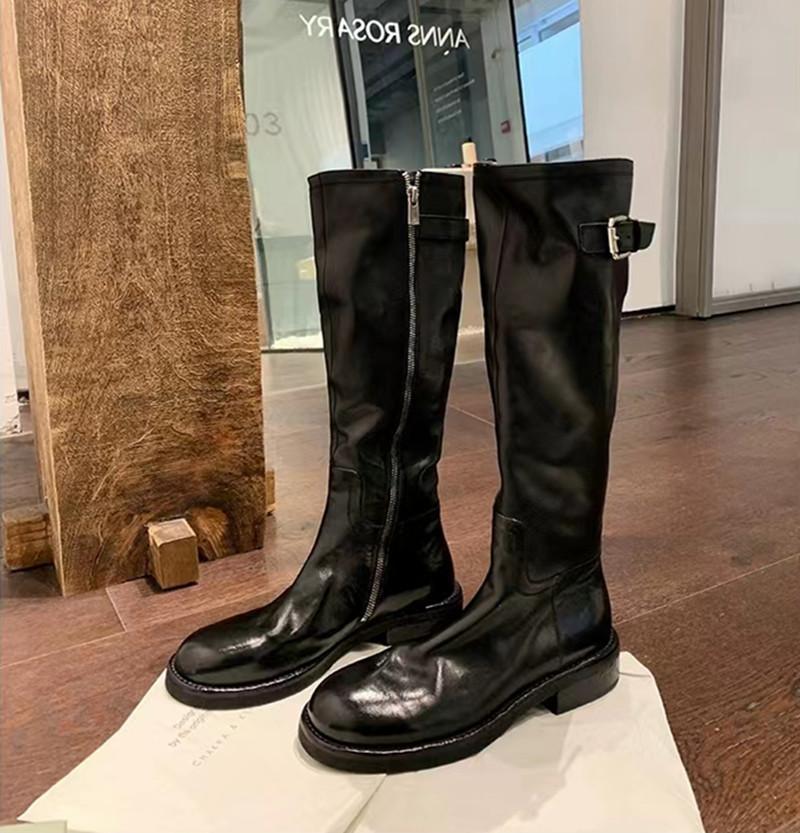 Cowhide version, annual combat boots~ The same washed horse leather buckle with thick heel medium and high boots female knight boots autumn and winter