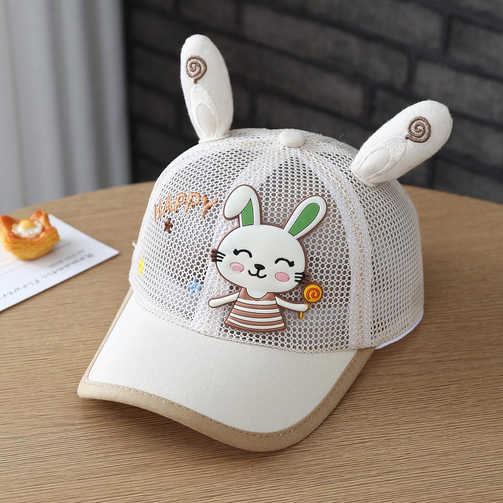 Baby Hat with Cartoon Candy Rabbit Ears-Shaped Embroidery. Five-Star Breathable Baseball Cap Made of All-Net Fabric with a Brim.