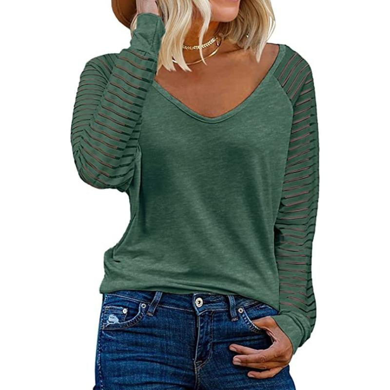 GMXIA Kadın Modası Günlük Düz Renk Baskılı Uzun Kollu V Yaka Bluzlar & Gömlekler