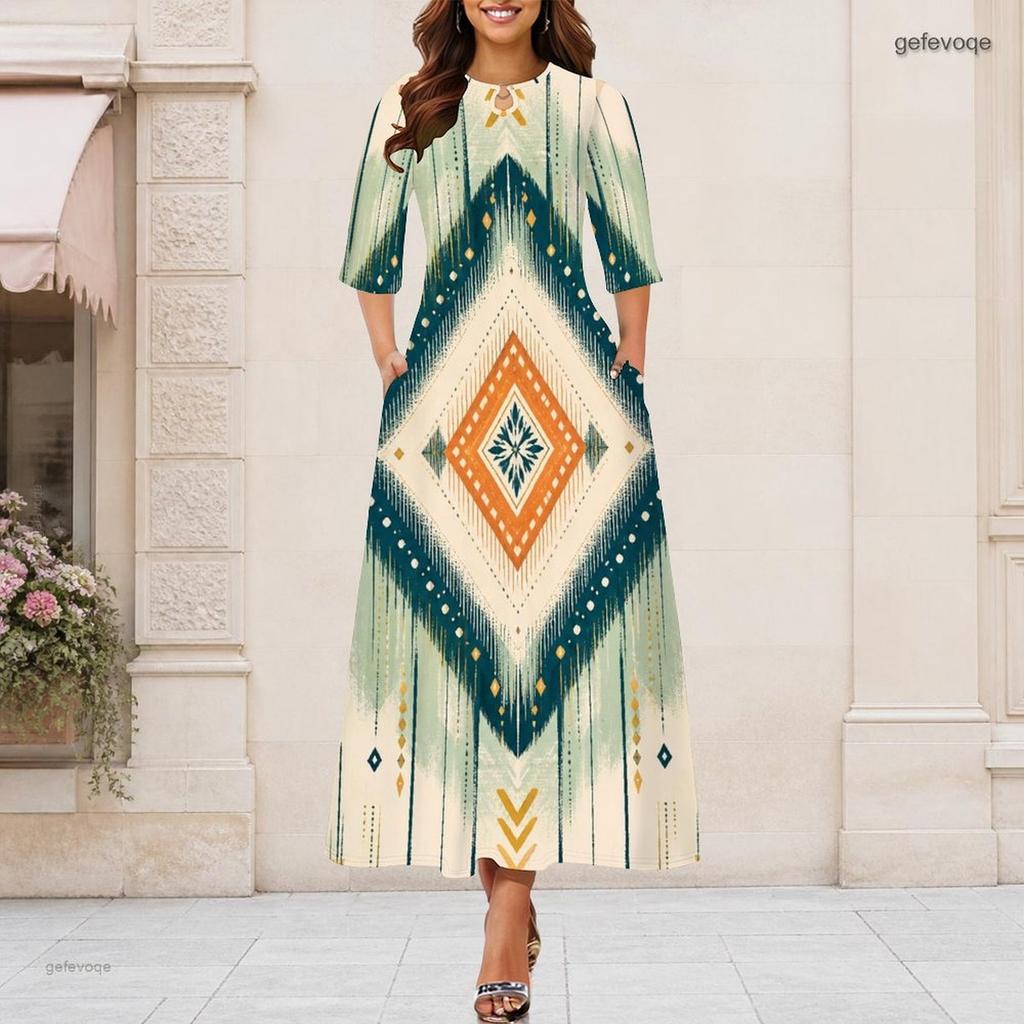 Women Plus Size Round Neck Keyhole 3 4 Sleeve Abstract Floral Gradient Print Maxi Dress