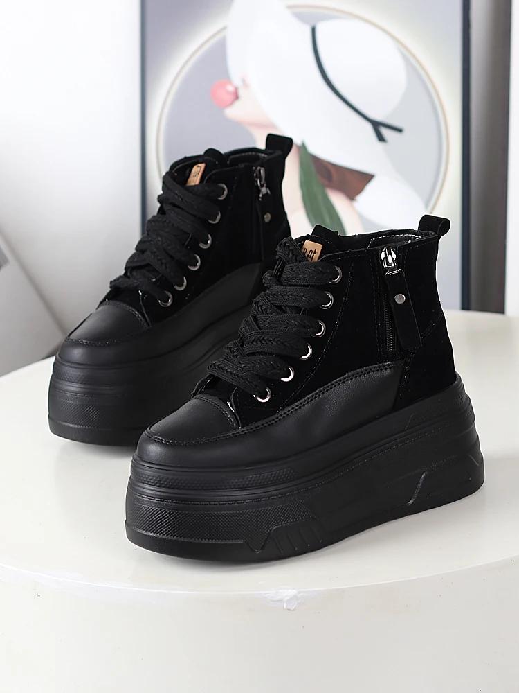 

Мода 12 см Натуральная кожа PU вставка Весна Осень Ботильоны Женские Платформа Амортизированная Танкетка Высокий Бренд Массивные Кроссовки Модная Обувь 34