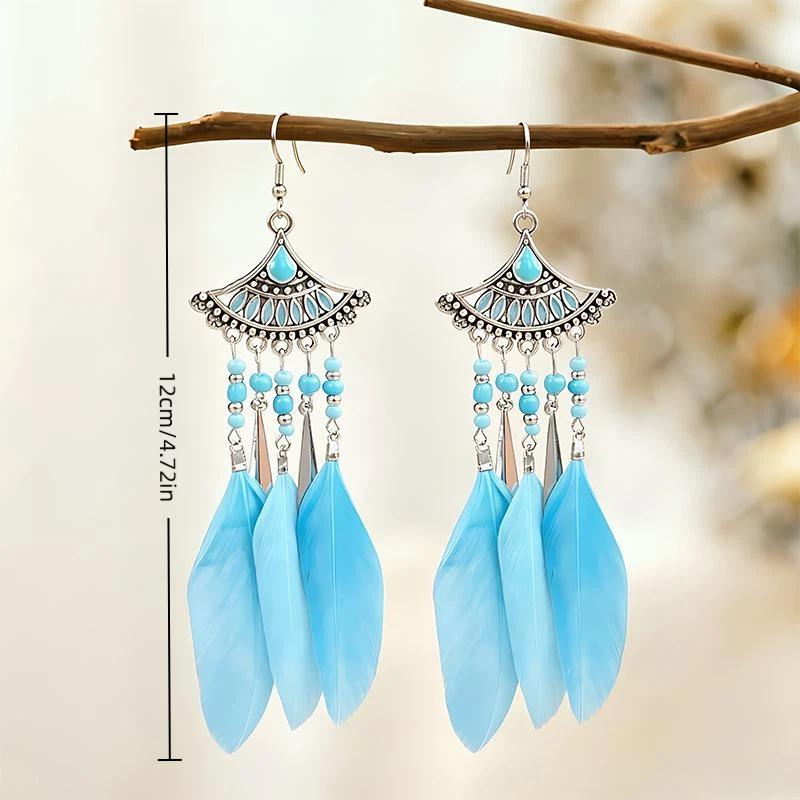 1 Pair Ethnic Colorful Natural Feather Earrings For Women Retro Long Rhinestone Crystal Leaf Dangle Earrings Boho Vacation Jewel