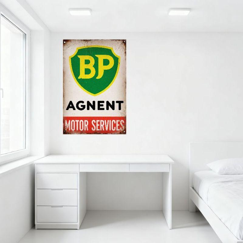 Vintage BP Agent Motor Services Metal Tin Sign - Aged Rust Shield Emblem Wall Plaque for Home Decor, Man Cave, Bar, Cafe, Restau
