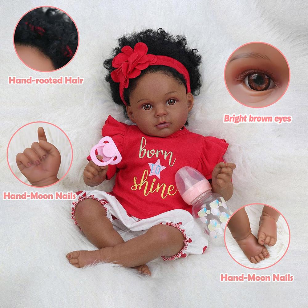 50cm Baby Doll Like Real Reborn Black Girl Realistic Painted Babies Silicone Vinyl African American Soft Cloth Body Rooted Hair