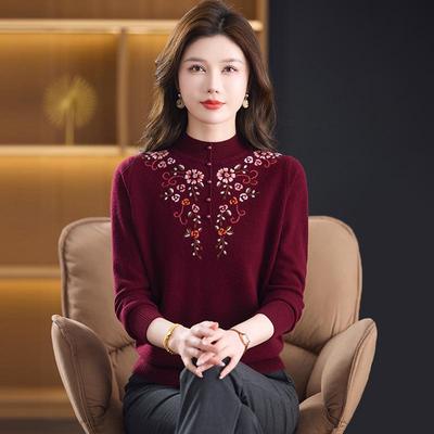 Stylish Mom 100% Pure Cashmere Loose Plus Size Embroidered Half-High Collar Sweater