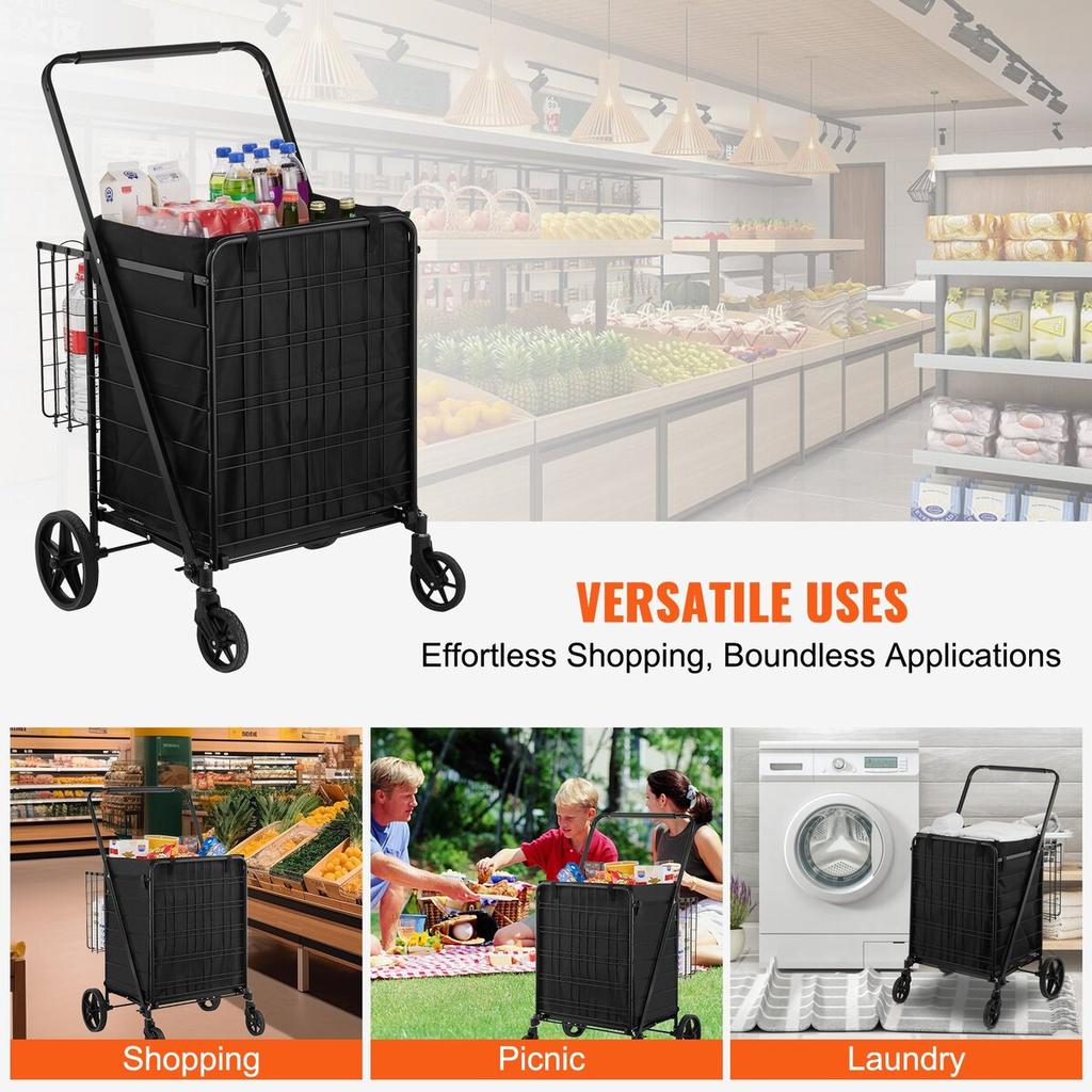 Folding Shopping Cart with Removable Waterproof Liner, 330LBS Large Capacity Jumbo Grocery Cart with Dual Basket, 360° Swivel Wheels, Dense Metal Mesh