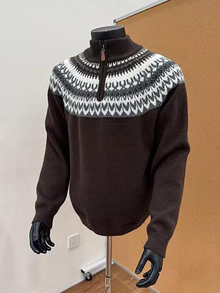 Pánský pletený svetr Fair Isle s jacquardovým vzorem, poloviční zip, podzim/zima, vysoký límec, retro styl, ideální pro páry