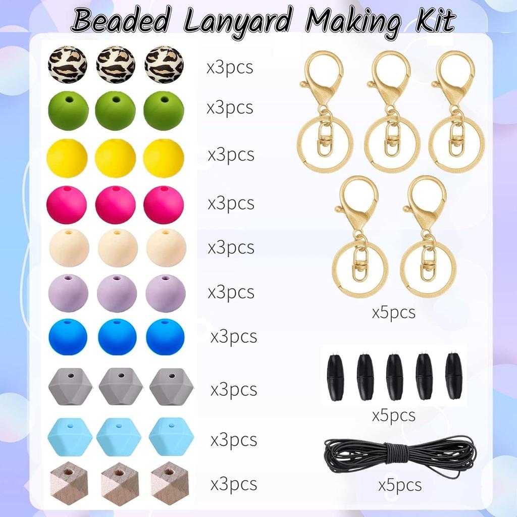 SHUANGART 5 Set Silicone Beads Lanyard Making Kit for ID Badges Key Cha, Classic Polygonal Beaded Lanyard Necklace for Teachers Students Office