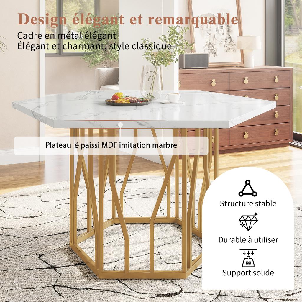 Dining Table and Chair Set (5-Piece Set), Modern Hexagonal Marble Table + 4 Chairs Made of Green Velvet, To Create Warm Restaurant, Gold Table Legs