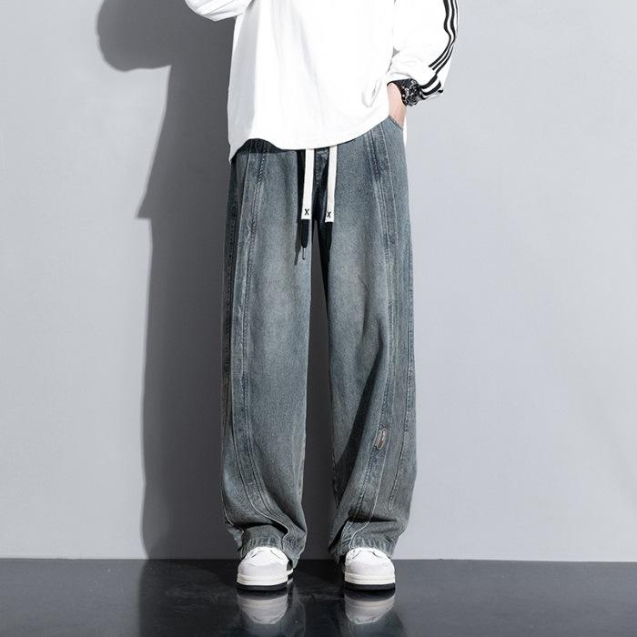Jeans American Street Retro Elastic Waist Denim Men's Loose Straight Wide-leg Trousers