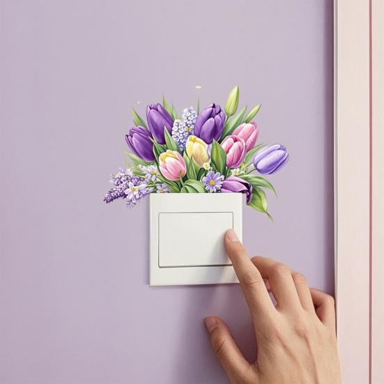 Yousheng Watercolor Tulip Flower Switch Sticker, Removable Floral Wall Decal for Light Switch, Outlets, Ledge, Bedroom, Living Room, Classroom Decor