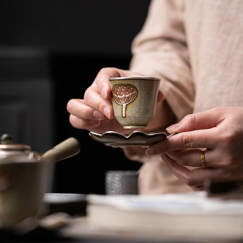 Ice Flower Glaze Gilt Silver Lotus Flower Tasting Tea Cup Coaster Tea Cup Ceramic Cup Holder Home Kung Fu Tea Set