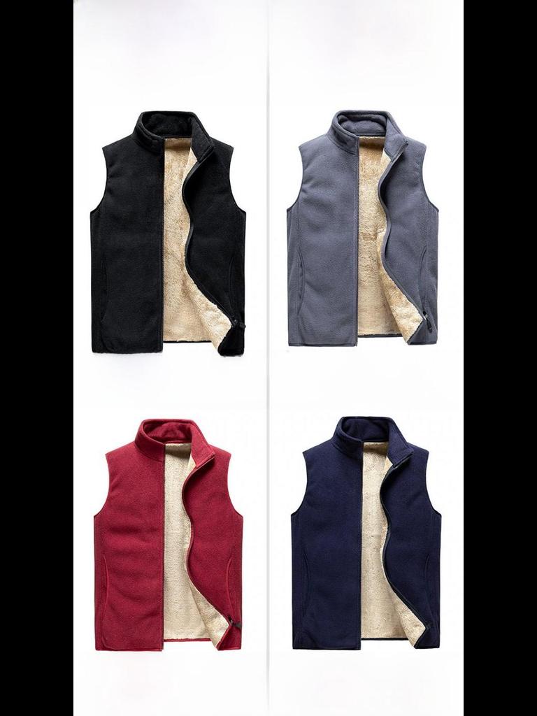 Men's Large-Size Polar Fleece Vest - Thick, Warm, Stand Collar for Spring & Autumn.