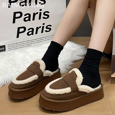 Suede Flats Women Mule Shoes Fur Platform Cotton Slippers Designer Short Plush Winter Casual Shoes 2024 Trend Warm Zapatos Femme