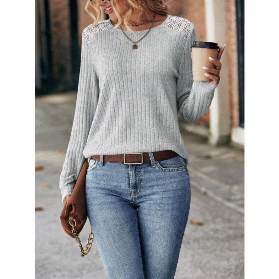 

Жіночі модні повсякденні весняно-осінь однотонні блузки та сорочки з довгим рукавом і круглим вирізом із принтом YYFS XXL сірий колір