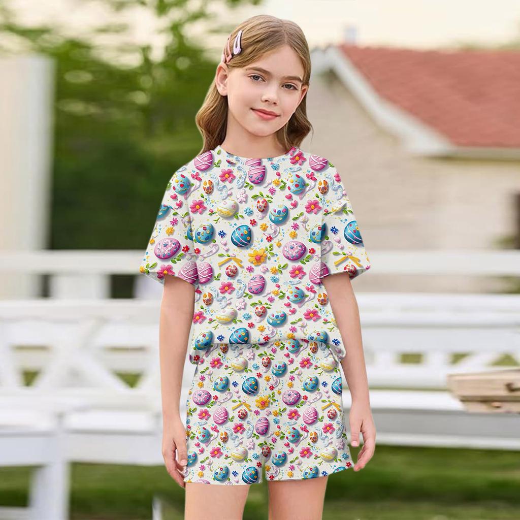Kid Patriotic Outfit - Short Sleeve & Shorts 2-Piece Set For Girl Easter Day