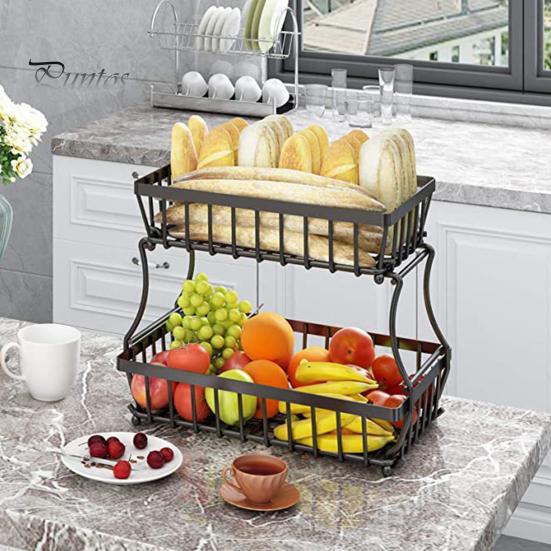 2 Tier Countertop Fruit Basket for Kitchen Sturdy Metal Vegetable Storage Bread Bowl Stand Wire Organizer for Potato Onion
