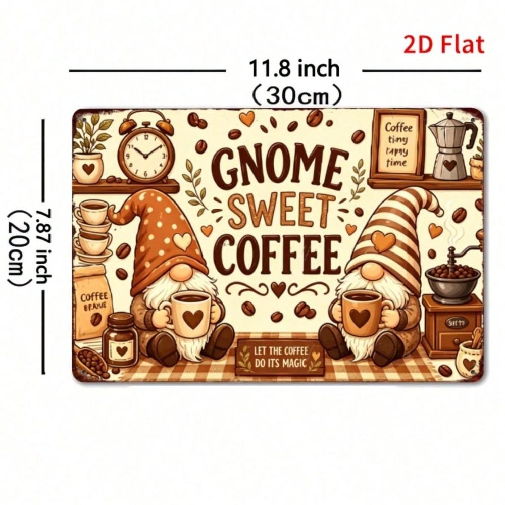 Vintage Gnome Coffee Tin Sign, Checkered Bar Kitchen Wall Art, Retro Farmhouse Decor, 7.87x11.81 In