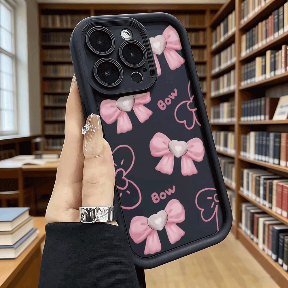Pink Bows with Heart Decor Soft TPU Phone Case for iPhone 17 16 15 14 13 12 11 Pro Max Plus Shockproof Anti-Slip Cover