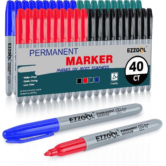 Multicolor Permanent Markers Bulk, 40 Packs Red Blue Green Black Fine Tip Permanent Markers, Waterproof Markers, Premium Smear