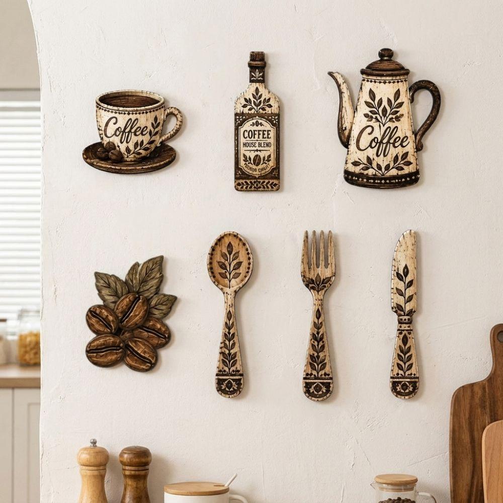 7Pcs Vintage Coffee Utensil Wooden Ornament Dining Room Wall Decor Set For Home Kitchen